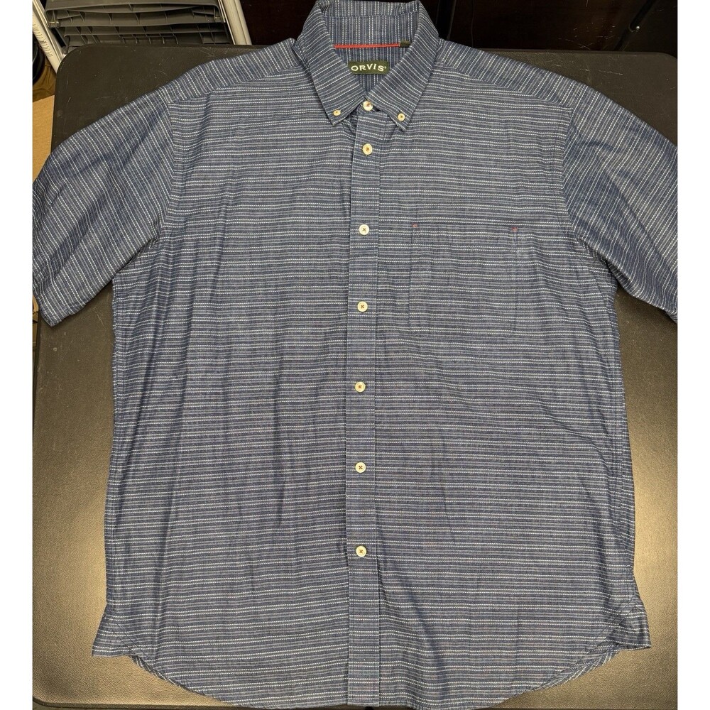 ORVIS Mens short sleeve button down cotton shirt Stripe - XL Cotton Blue